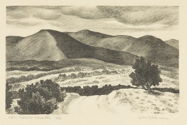 A road at the center, leads over a hill and disappears. There is a small tree at the right of the road. Beyond are small buildings at the center and behind these mountain ranges rise up. The Mountain in front, on the left, has a dark shadow on the right half