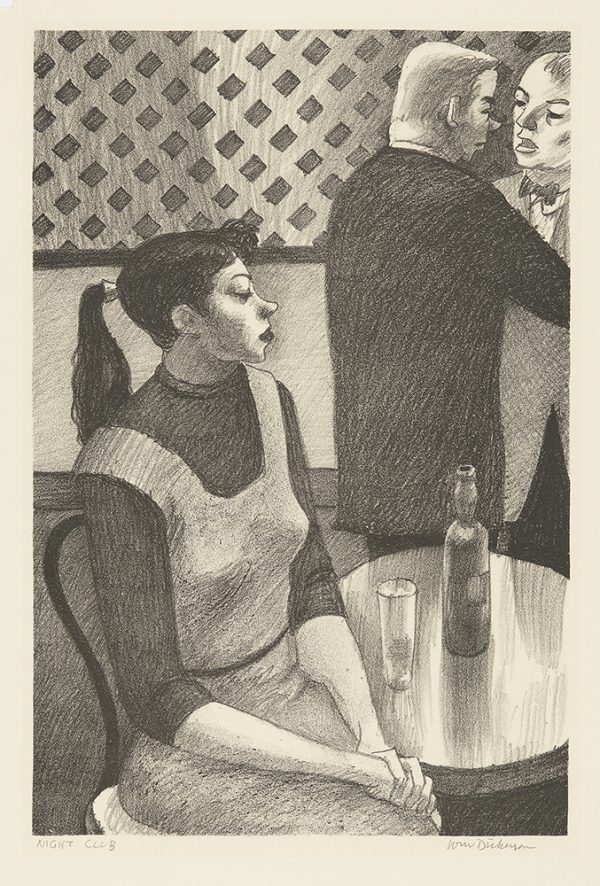 A young woman sits at a table with two people to her right. The background is lattice work.
