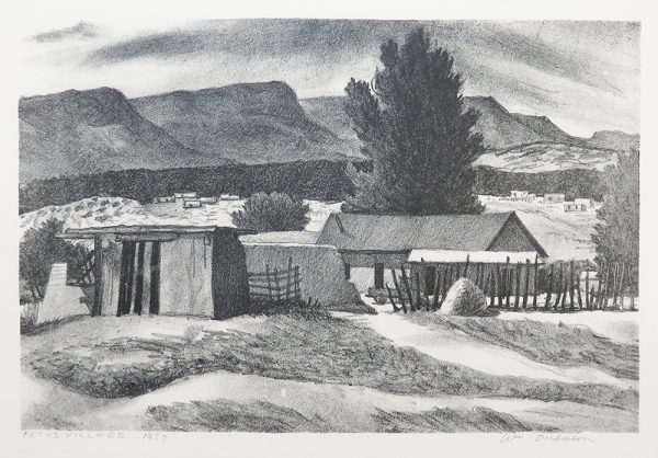 Two roads along the bottom of the image, one leads to a house with a pickup. there is a wood post fence in front on the right, and an adobe wall at the center. Behind is a single tall tree with several mountain bluffs in the distance. Adobe buildings can be seen in the distance at the right edge, center.