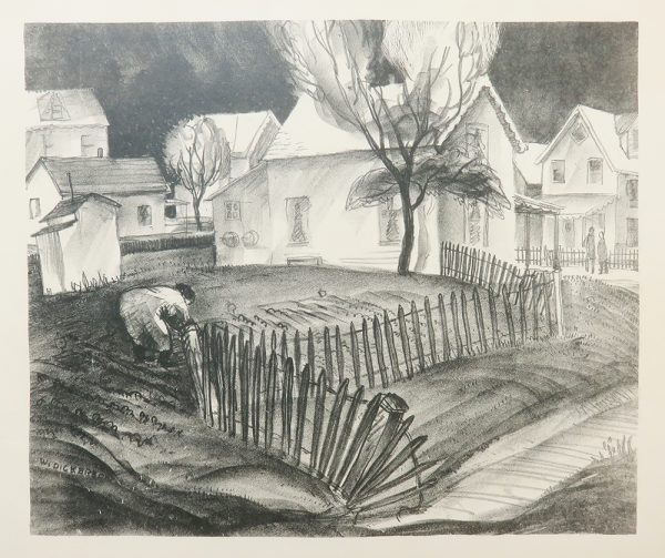 A woman bends at her hips to tend her garden. A picket fence runs from the center of the bottom edge in a zig-zag to the house. There is a tree at the center and two more figures at the right edge of the image.