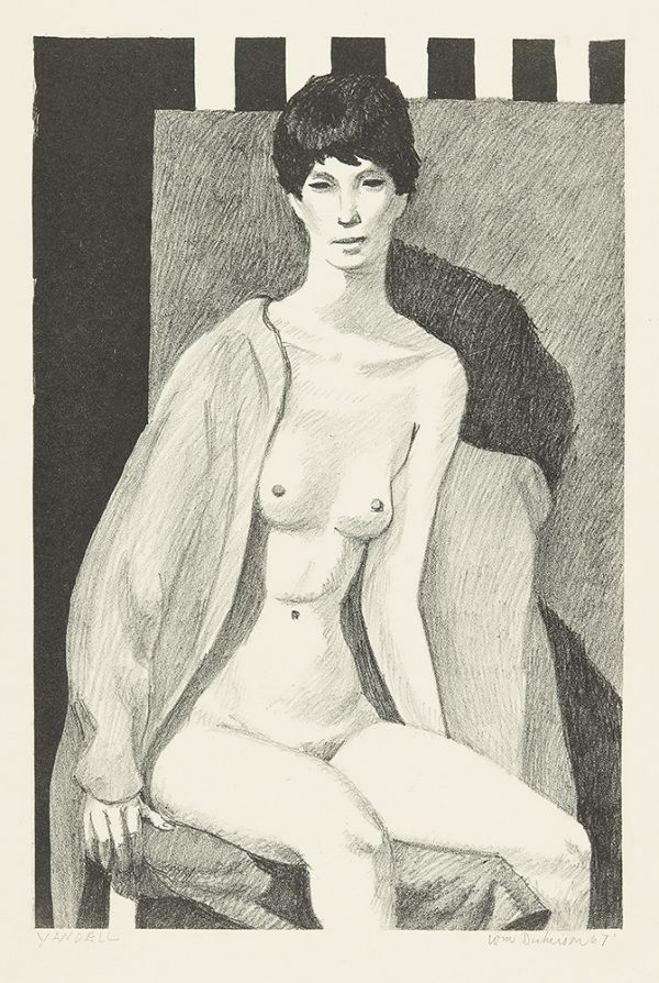 A nude woman sits in a chair with her right arm draped with a covering. There is a striped background above her head.