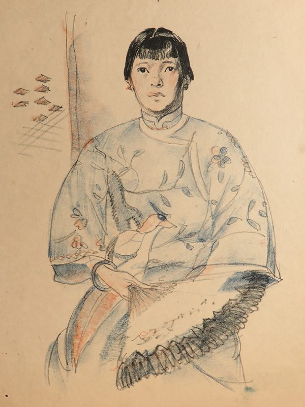 A girl with dark hair wears a chinese gown. She holds a bird on her lap and a fan in her right hand. In the upper left are seven orange triangles.