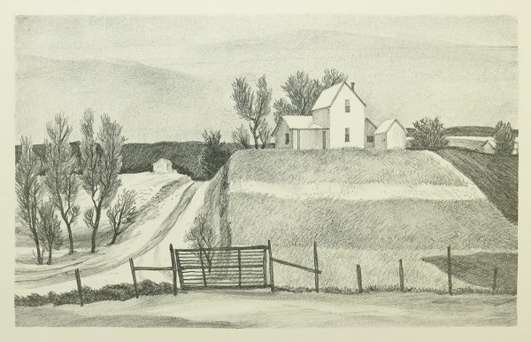 A white two-storey house sits high on a hill. A road runs from the bottom left to the center. In the foreground is a post fence with a wood gate.