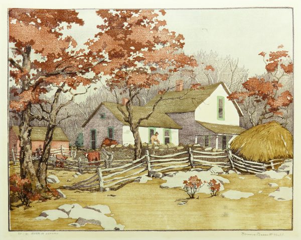 An autumn farmscene of a woman looking over a stone fence toward a haystack. The house is behind her and cows are to the left with a wood fence across the center. The trees have rust color leaves.