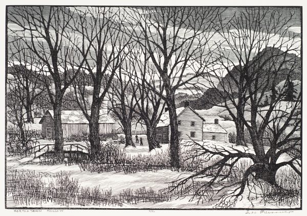 Two silhouetted figures are between a barn and farmhouse. Trees are in the foreground and low mountains in the background. The trees have no leaves and there is now on the ground. A small bridge is at the left.