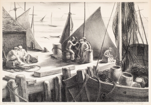 Two groups of men on a pier, a young boy sits alone at the right. There is a fishing boat with nets and barrels, on the right, and many sails visilbe in the background.