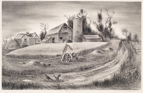 A hay rick is at center with chickens on a road running from bottom center toward the top right. Behind is a farm with barns, a silo and trees.