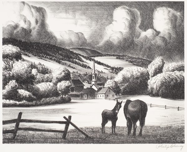 Two horses are in the foreground with a log fence at the left and in the distance at the right. At the center is a church with a spire. Behind are rolling hills, trees and billowing clouds are in the sky.