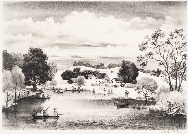 A pond or lake in the foreground has multiple fishermen on shore and in boats. In the distance is a group of houses and the sky is cloudy.