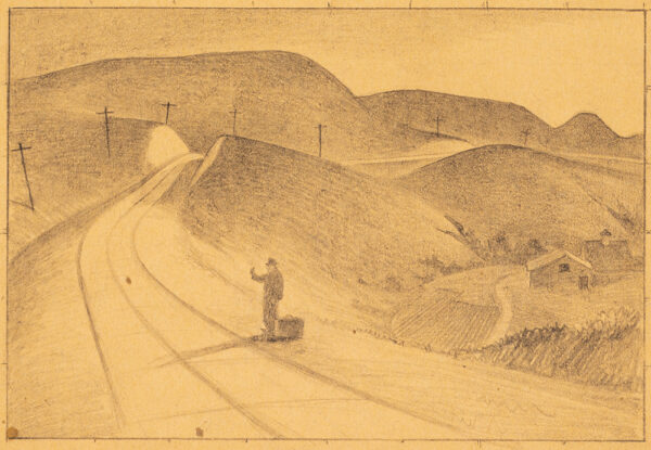 A hitchhiker, wearing a hat, stands with his bag at his feet and a thumb in the air. The road curves from the center to the left and can be seen at top right amongst low hills. There are telephone poles following the road and a farm at the lower right.