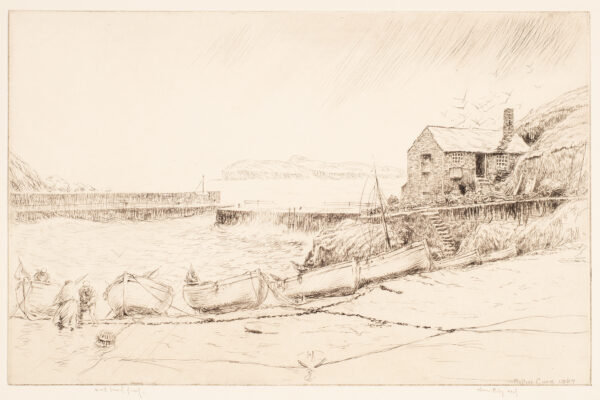 A row of boat is tethered to a beach. Three figures are at the left, a building is at the right with seagulls in the sky above. Two docks juts into the cove.