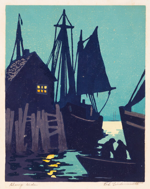 Night scene from Provincetown, Mass, of a local fishing fleet at dock, with sihouetted figures in a dinghy at lower right