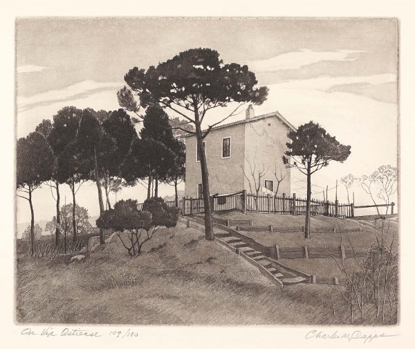The sketch of this house was made during a trip to Italy in about 1962. There is a two story building up on a hill, with tall trees nearby. Stairs lead to the house with a wood fence around the house.