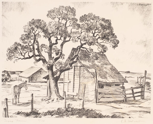 A tall tree is to the left of center. At the left edge is a donkey or horse, and at center is a wood building with an overhang. A smaller building is at left and both a barbed wire and wood fence is in the foreground.