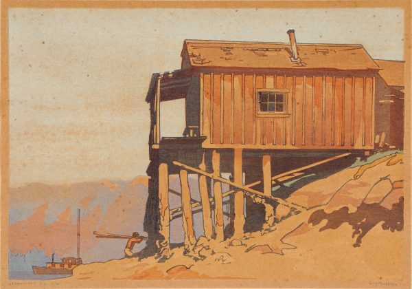 A wood clapboard building with one window and a porch rests on stilts built for high water. A man carries planks of wood on the beach below. A small ship is at the left corner.