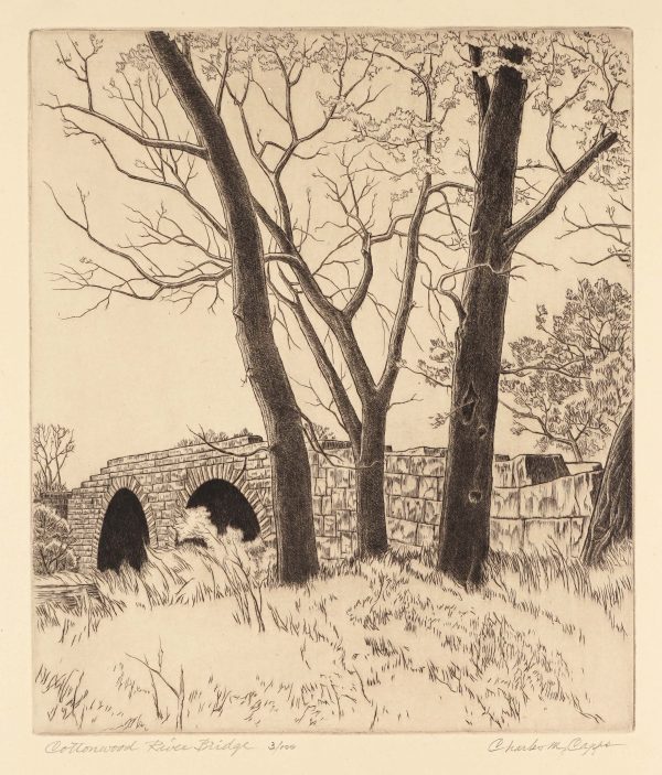 A stone bridge with two arches is a center, running from right to left, with three trees in the center foreground.