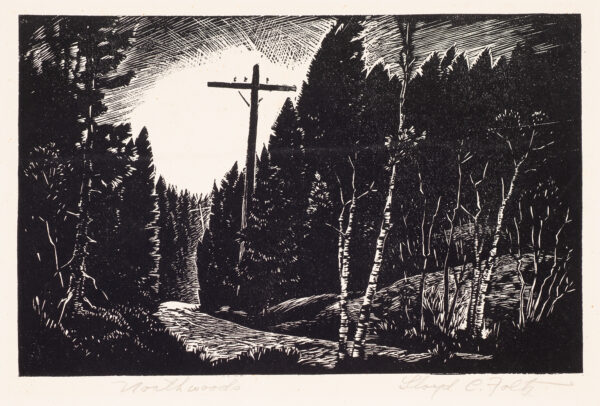 A telephone or electrical pole is silhouetted against the clear sky, with dark woods surrounding it. There are a few birch trees in the right foreground and a road runs from bottom center curving toward the left.