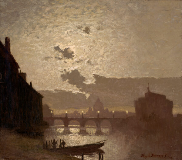 A cloudy setting (or rising sun) silhouettes a domed building. Buildings are on each side of an arched bridge with lights. In the foreground is a boat docked with two figures at the shore.