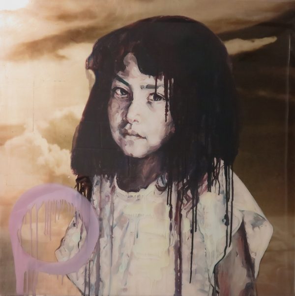 A young girl stares at the viewer. She wears a white shirt. There is a large pink circlular brushstroke in the lower left corner.