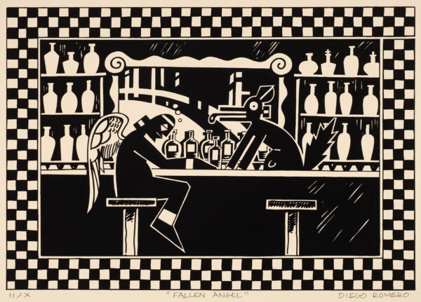 An angel (known by his wings) sits at a bar with an animal (Coyote?) bartender. There are two bar stools, a variety of bottles and a mirror. The image has a checkerboard pattern around the outer edges.