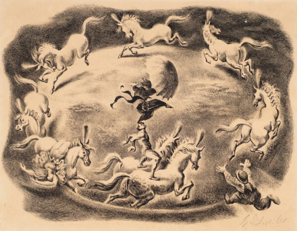 The center ring of a circus has a man astride two horses, with a clown balanced on his forehead, holding a open umbrella. To the right, a clown runs into the ring. Six other horses run around the ring, with the lower left horse a woman hangs off the outer side, trailing her arms.