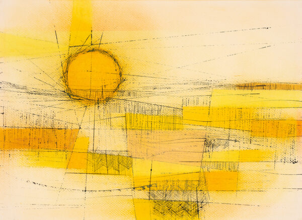 An orange sun is in the top left, with abstracted orange, yellow and black in horizontal blocks of color throughout the image.