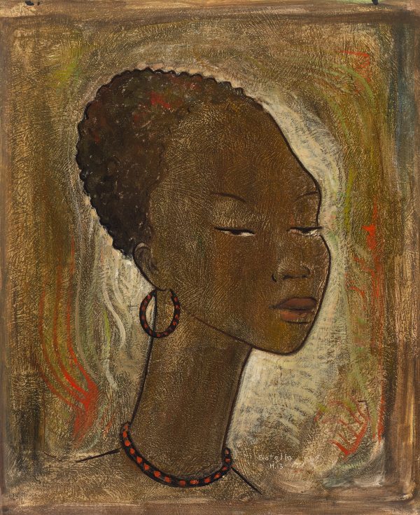 A portrait of young woman with long neck. She wears both an earring and necklace