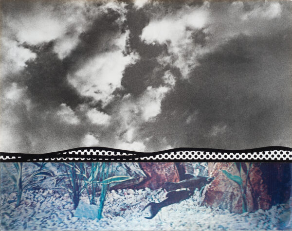 A black and white image of a cloudy sky is at the top 2/3 of the composition. The bottom is a color lenticular of an aquarium.