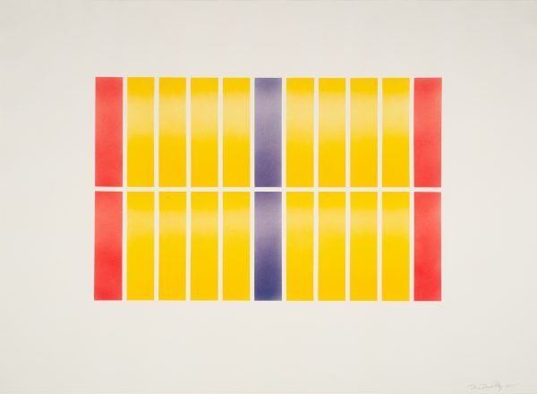 Two rows of eleven vertical rectangles. At each end is a red one, yellow throughout and blue at the center. The color is not even in the rectangles, creating a sense of light striking the recangles.