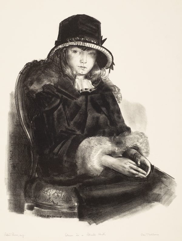 The fifth study of daughter, Anne, age 13, shows her in a three-quarter pose, elegantly dressed in outdoor clothing. The artist was intrigued by women in black hats and did studies of his wife and younger daughter in similar costume. The lithograph was parinted by Bolton Brown,