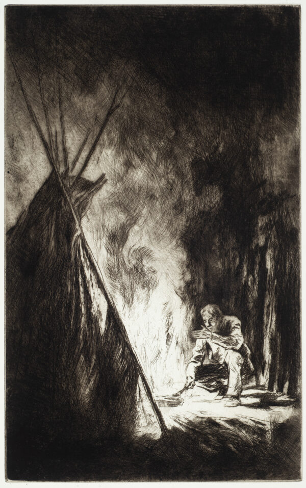A man squats holding a cast iron frying pan toward a fire. His tent is on the left and trees or pole forming a stockade is behind him.