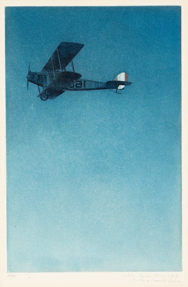 A single prop plane against a blue sky.