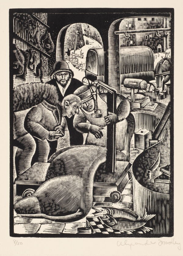 A butcher shop with men weighing a slab of meat. In the lower right corner is a large fish. In the backgraound, outside the shop, is a horse and buggy.