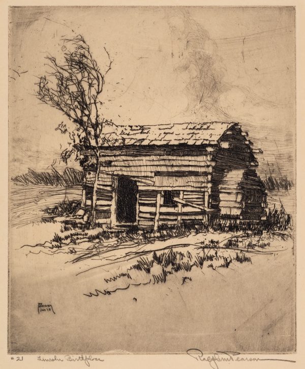 A log cabin has a skinny tree growing by an open door. There are storm clouds in the background.
