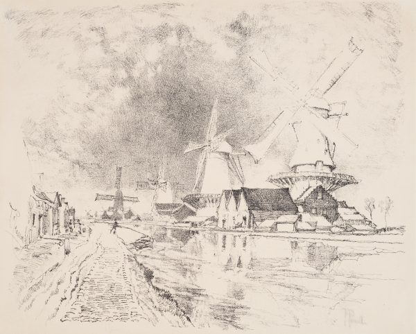 A row of four windmills, along a water filled canal.