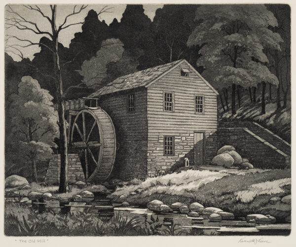 A forest stands behind a mill with an idle water wheel, and lone tree, next to a low creek.