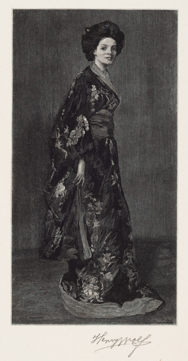 A woman in a traditional kimono stands at a 3/4 angle, looking at the viewer. Wolf exhibited 144 wood engravings (of his own work) at the 1915 Panama-Pacific International Exposition in San Francisco. He was awarded the Exposition's Grand Prize in printmaking.