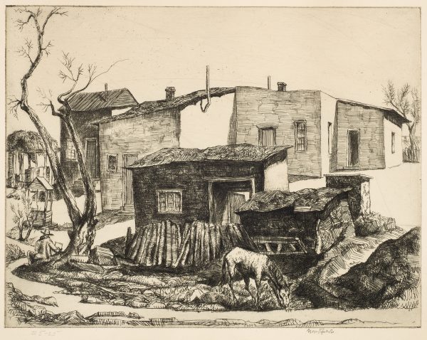 A stream curves around a group of buildings with a lone tree at the left. A horse is at bottom center grazing on grass.