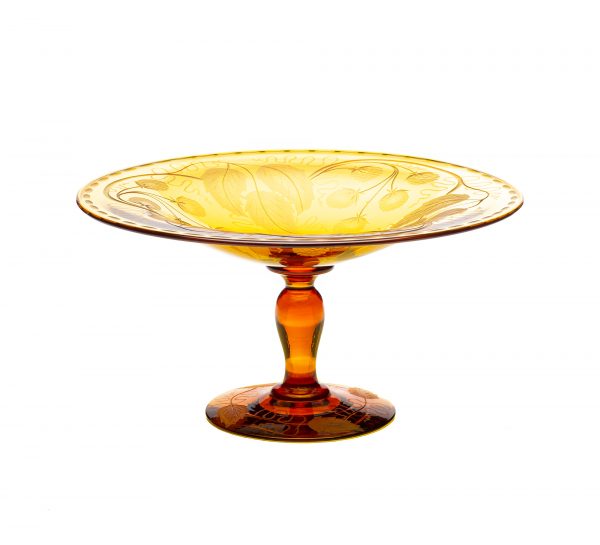 A compote in amber, cut and engraved in the Blackberry pattern