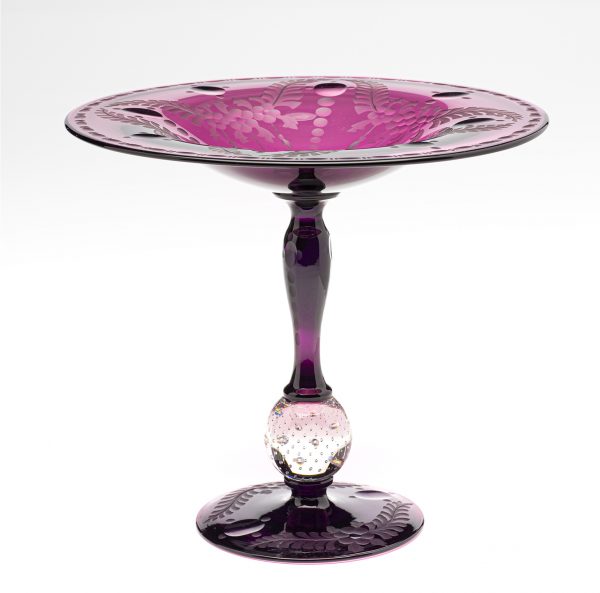 An amethyst and clear compote, cut and engraved