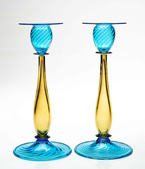 A pair of candlesitcks shape #3354,  in amber and celeste blue