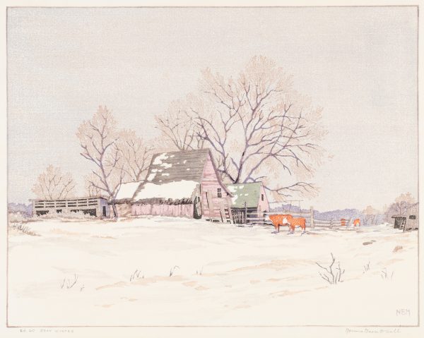 Pink farm buildings, red cows and a gray sky are in a winter landscape.
