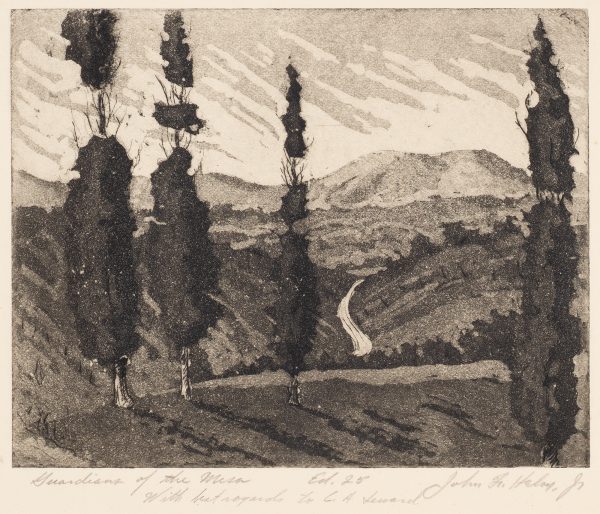 Four Lombardy poplars are in the foreground. A short stretch of road is at center with low mountains in the background.