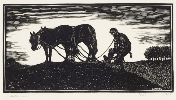 A man sits on the handles of his plow looking toward the viewer. His horses stand in front of the plow, resting.