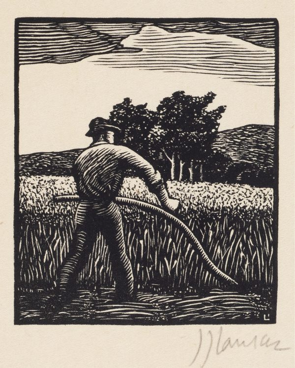 A man uses a scythe to mow. (Scene is Robert Frost's 