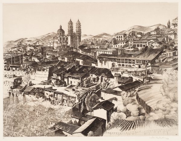 A very detailed depiction of a city, with a cathedral including two towers at top center.