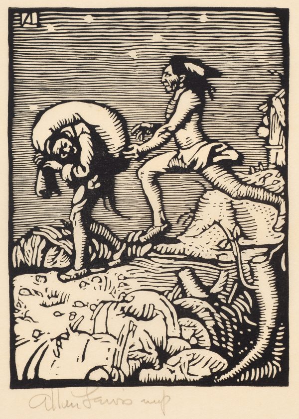 A Native American leaps out to either help the man carrying a large sack, or is attacking him. His hands are outstretched to grasp the bag. To the right is a glimpse of a building and below is a root of a tree.