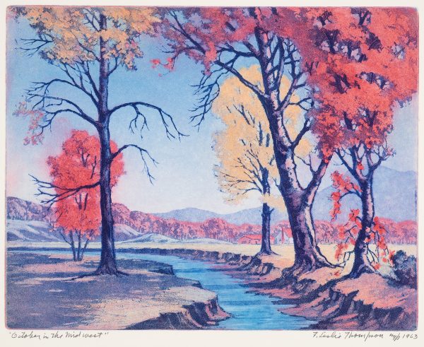 A blue creek runs from bottom center toward the left. On the banks are trees in fall colors of orange and yellow. Blue mountains are in the distance.