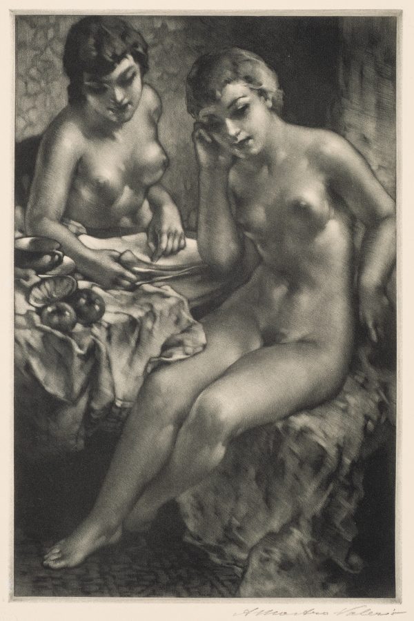 Two nude females sit at a table. The left woman reads from a paper, at her elbow is a still life of coffee cup, bowl and two apples. The cloth on the table overlaps the right woman's thigh.