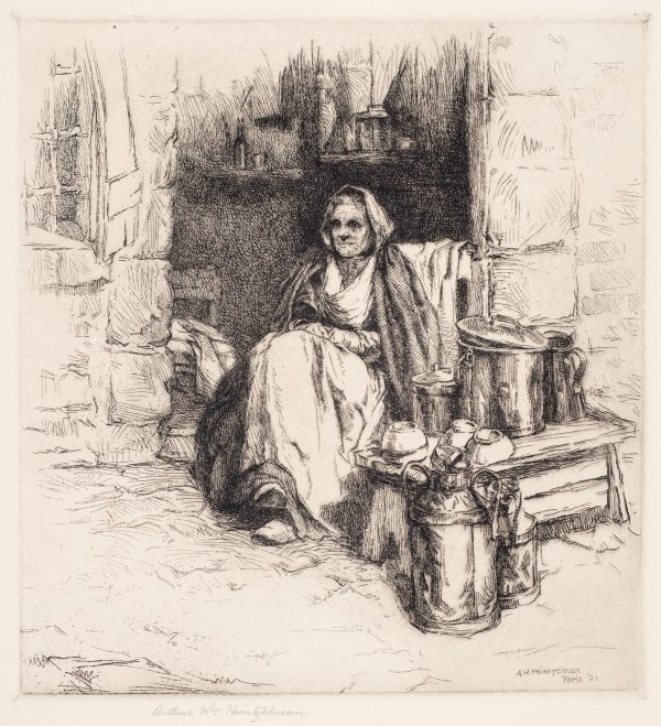 An older woman sits in a stone door way with milk cans and bowls on a wood bench by her side.